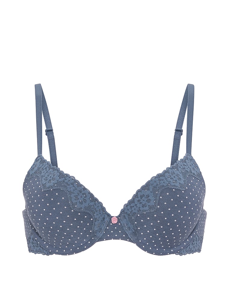 Victoria's Secret, The T-shirt Perfect Shape Cotton Shadow Stripe Lace-Trim Push-Up Bra, Bluestream Dots, offModelFront, 4 of 4