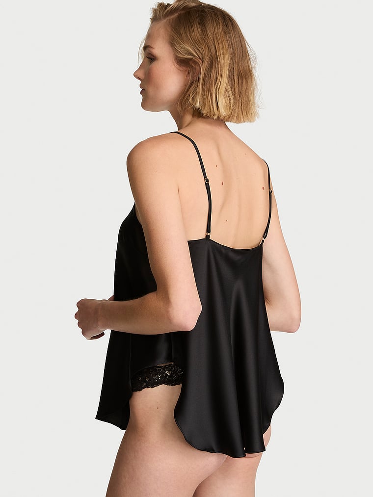 Victoria's Secret, Dream Angels Satin Lace-Trim Cami Top, Black, onModelSide, 3 of 4