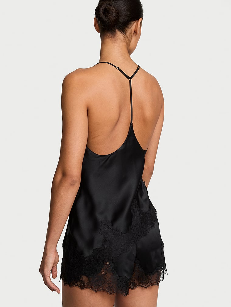Victoria's Secret, Very Sexy Satin Rose Lace-Trim Asymmetric Cami Top, Black, onModelSide, 3 of 4