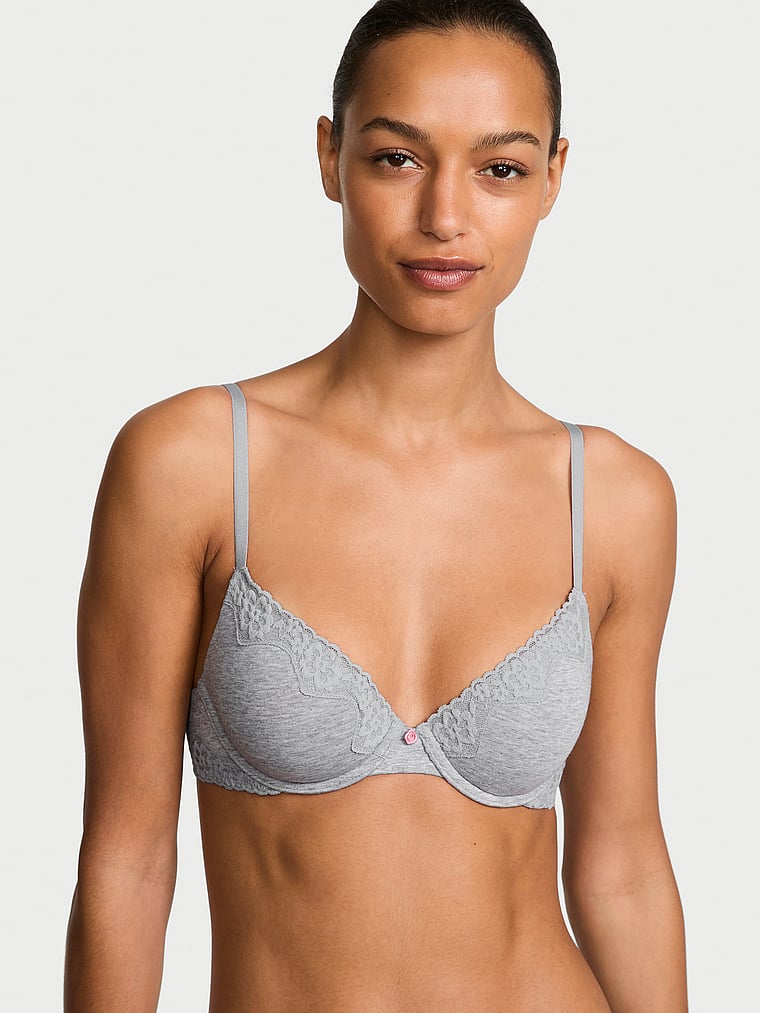 Victoria's Secret, The T-shirt Lightly Lined Front-Close Lace-Trim Demi Bra, Medium Heather Grey, onModelFront, 1 of 3 Nikita  is 5'10" or 178cm and wears 34B or Small