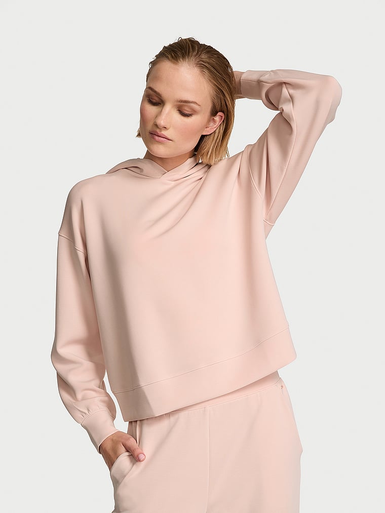 Victoria's Secret, Victoria's Secret Featherweight Knit Crossover Hoodie, Purest Pink, onModelFront, 1 of 3