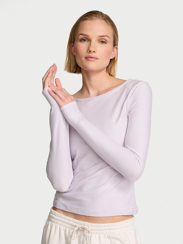 Victoria's Secret, VSX VSX New Essential Long-Sleeve Open-Back Tee, Purple Whisper, onModelBack, 2 of 4