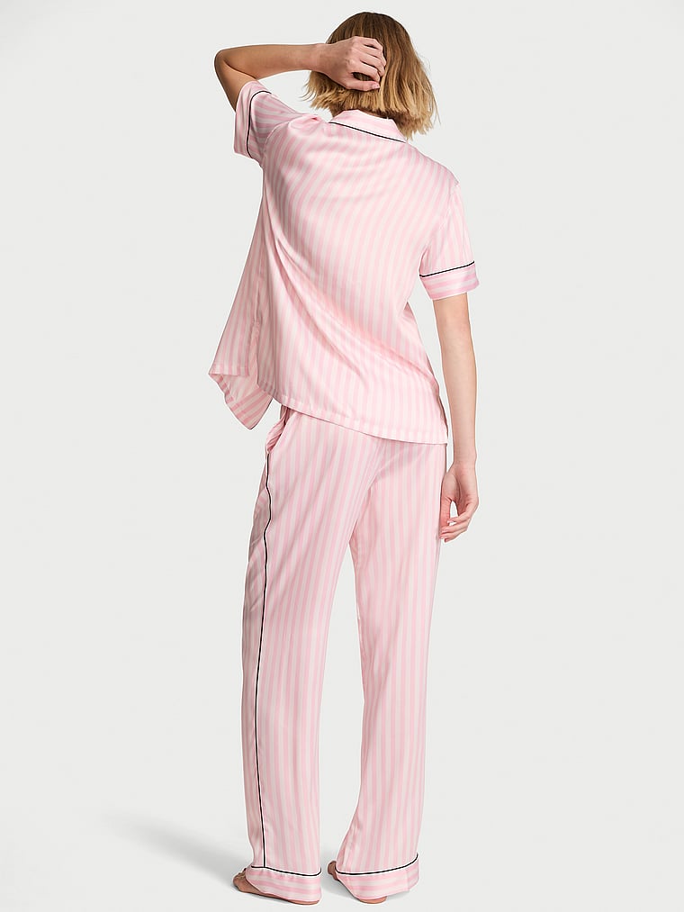 Victoria's Secret, Victoria's Secret Signature Satin Short-Sleeve Long Pajama Set, Iconic Pink Stripes, onModelBack, 2 of 3