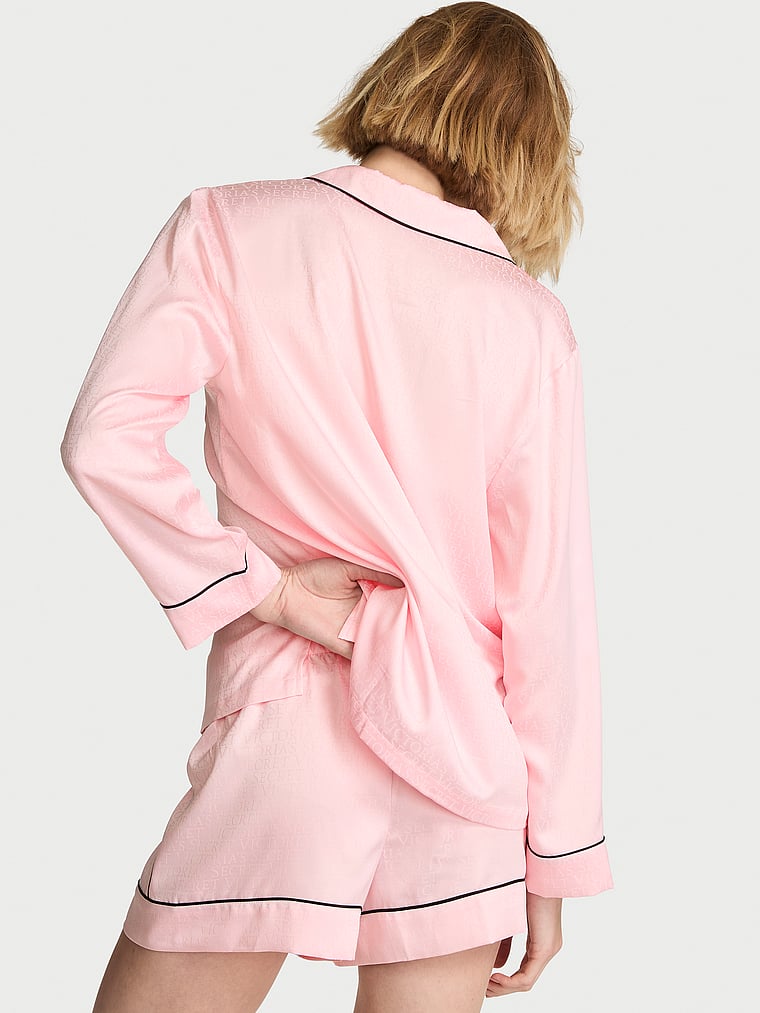 Victoria's Secret, Victoria's Secret Signature Satin Long-Sleeve Short Pajama Set, Angel Pink & Black, onModelBack, 2 of 3
