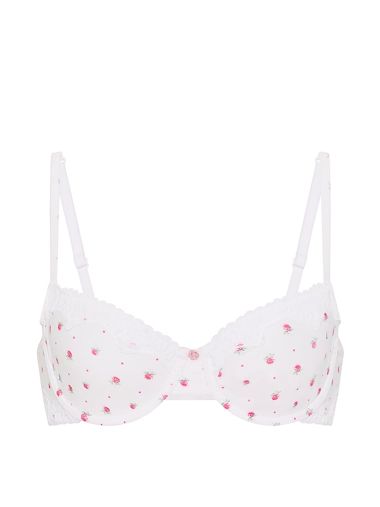 Victoria's Secret, The T-shirt Cotton Lace-Trim Unlined Demi Bra, Pink Ditsy Floral, offModelFront, 3 of 3