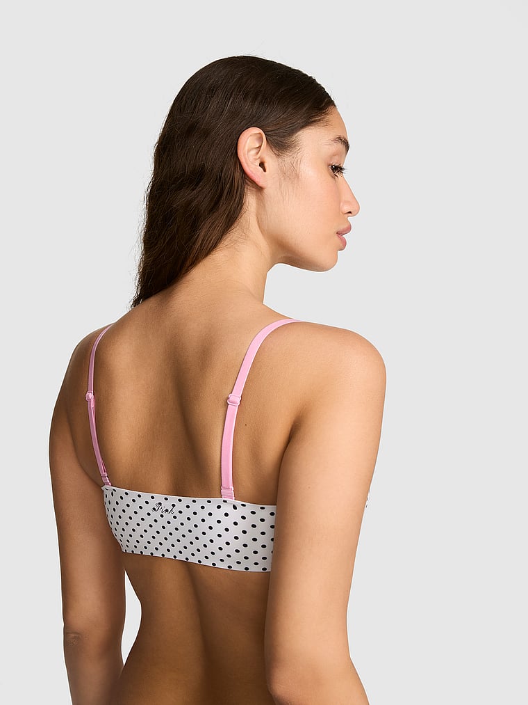 PINK Marshmallow Lightly Lined Wireless Comfy Bra, White & Black Dot Print, onModelBack, 2 of 4
