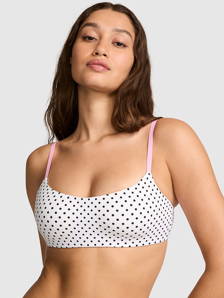 PINK Marshmallow Lightly Lined Wireless Comfy Bra, White & Black Dot Print, onModelFront, 1 of 4