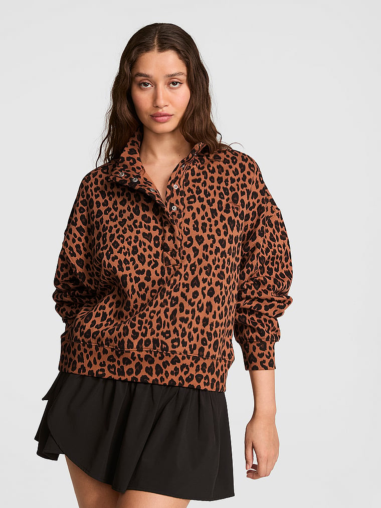 PINK Campus Fleece™ Snap-Up Sweatshirt, Leopard, onModelFront, 1 of 3