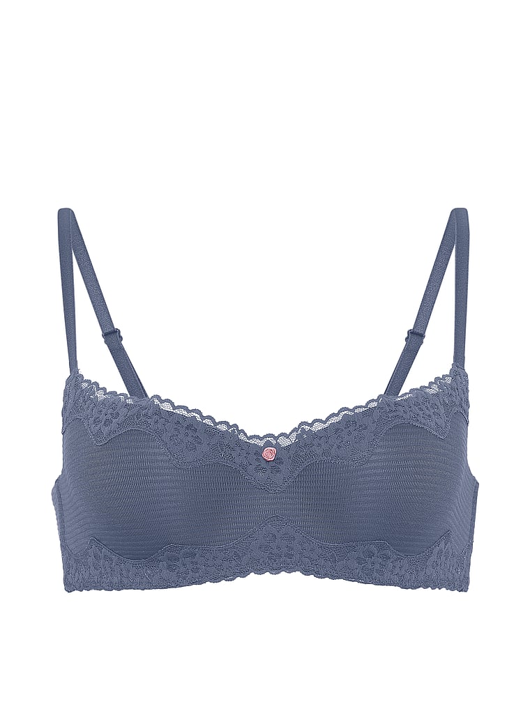 Victoria's Secret, The T-shirt Cotton Shadow Stripe Lace-Trim Balconette Bra, Bluestream, offModelFront, 3 of 3