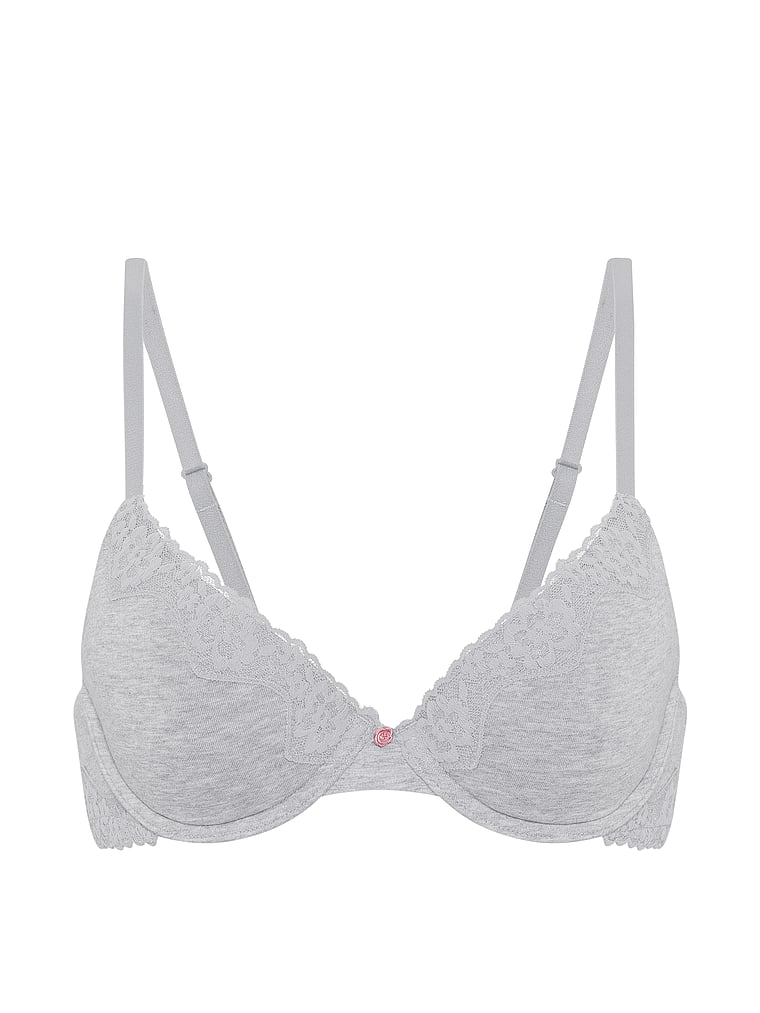 Victoria's Secret, The T-shirt Lightly Lined Front-Close Lace-Trim Demi Bra, Medium Heather Grey, offModelFront, 3 of 3