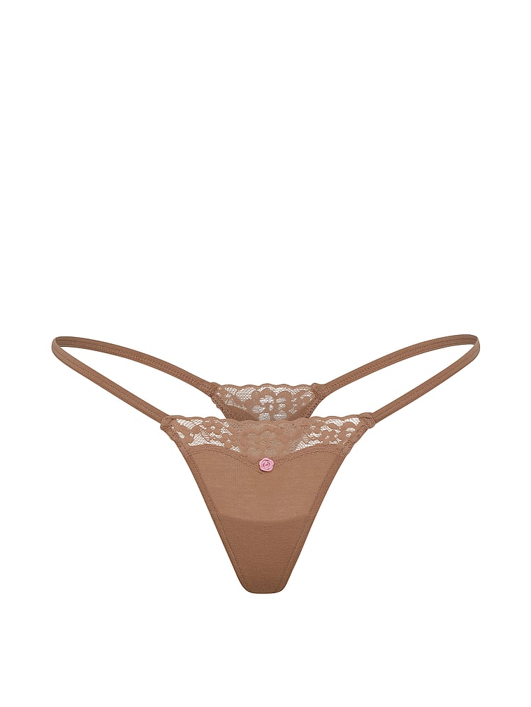 Victoria's Secret, Lace Trim Cotton Lace-Trim Itsy V-String Panty, Sexy Little Pink, offModelFront, 3 of 3