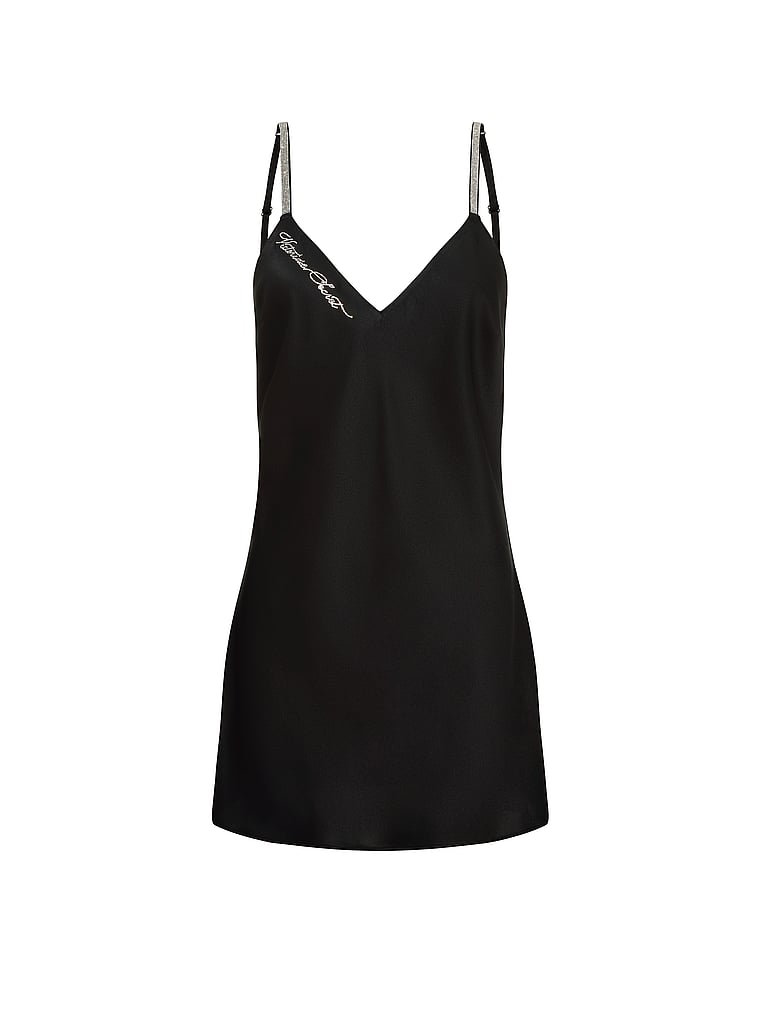 Victoria's Secret, Very Sexy Shine Script Satin Mini Slip Dress, Black, offModelFront, 4 of 4