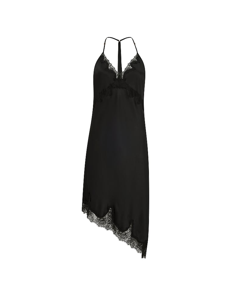 Victoria's Secret, Very Sexy Satin Rose Lace-Trim Asymmetric Slip Dress, Black, offModelFront, 3 of 3