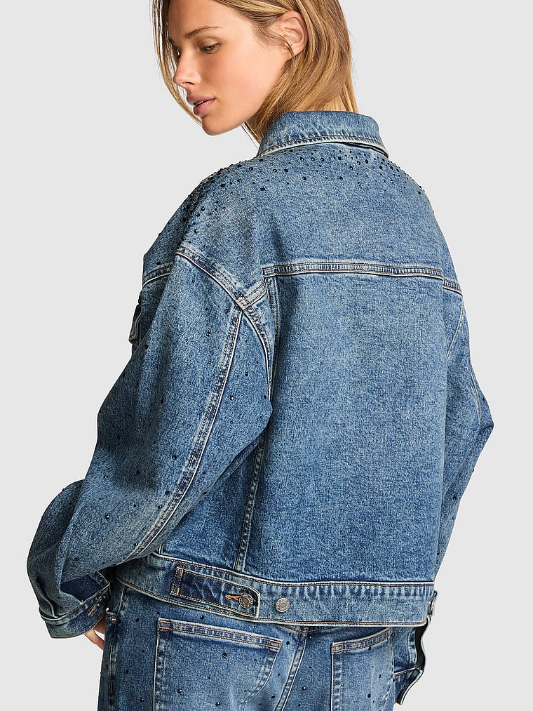 PINK Denim by PINK Boyfriend Trucker Jacket, Diamante Dark Wash, detail, 4 of 4
