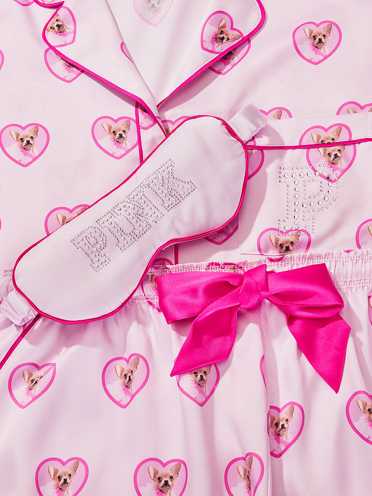 PINK | Elle PINK | Elle 3-Piece Satin Eye Mask & Short Pajama Set, Pink Tulip Dog, detail, 5 of 5