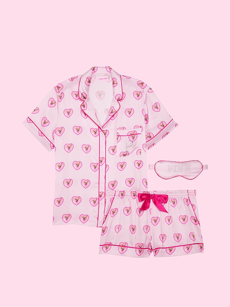 PINK | Elle PINK | Elle 3-Piece Satin Eye Mask & Short Pajama Set, Pink Tulip Dog, offModelFront, 4 of 5