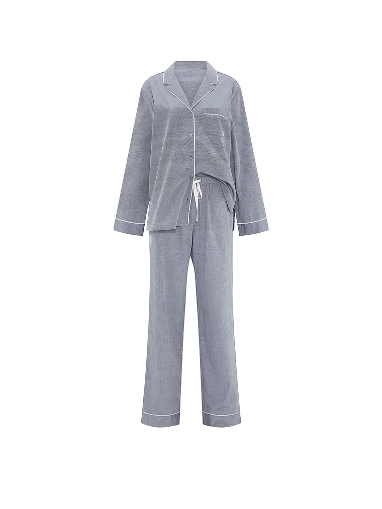 Victoria's Secret, Victoria's Secret 100% Cotton Heritage Cotton Long Pajama Set, Monaco Blue, offModelFront, 3 of 4