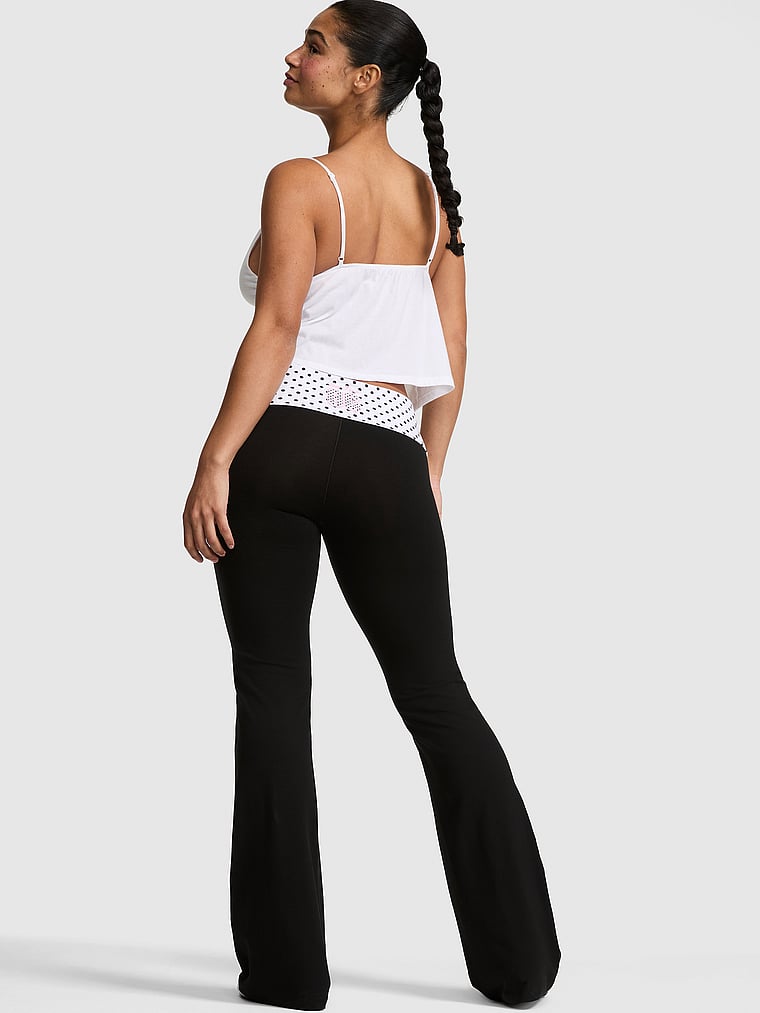 PINK All-Day Cotton™ Foldover Flare Leggings, Pure Black Polka Dots, onModelBack, 2 of 4