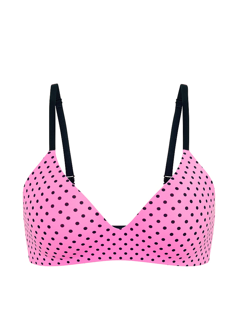 PINK Marshmallow Push-Up Wireless Comfy Bra, Sizzling Strawberry & Black Dot Print, offModelFront, 3 of 5