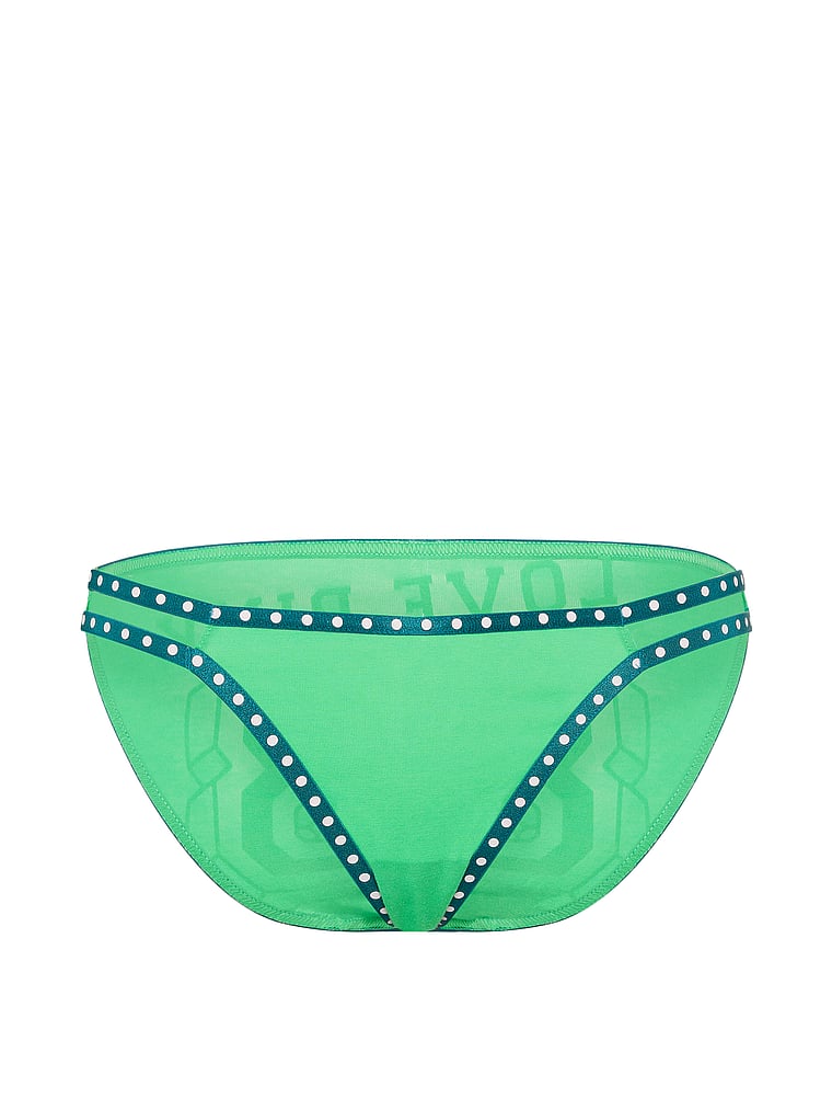 PINK Cotton Ultra Low-Rise String Bikini Panty, Graphic Green with Love PINK 86 Graphic, offModelFront, 3 of 3
