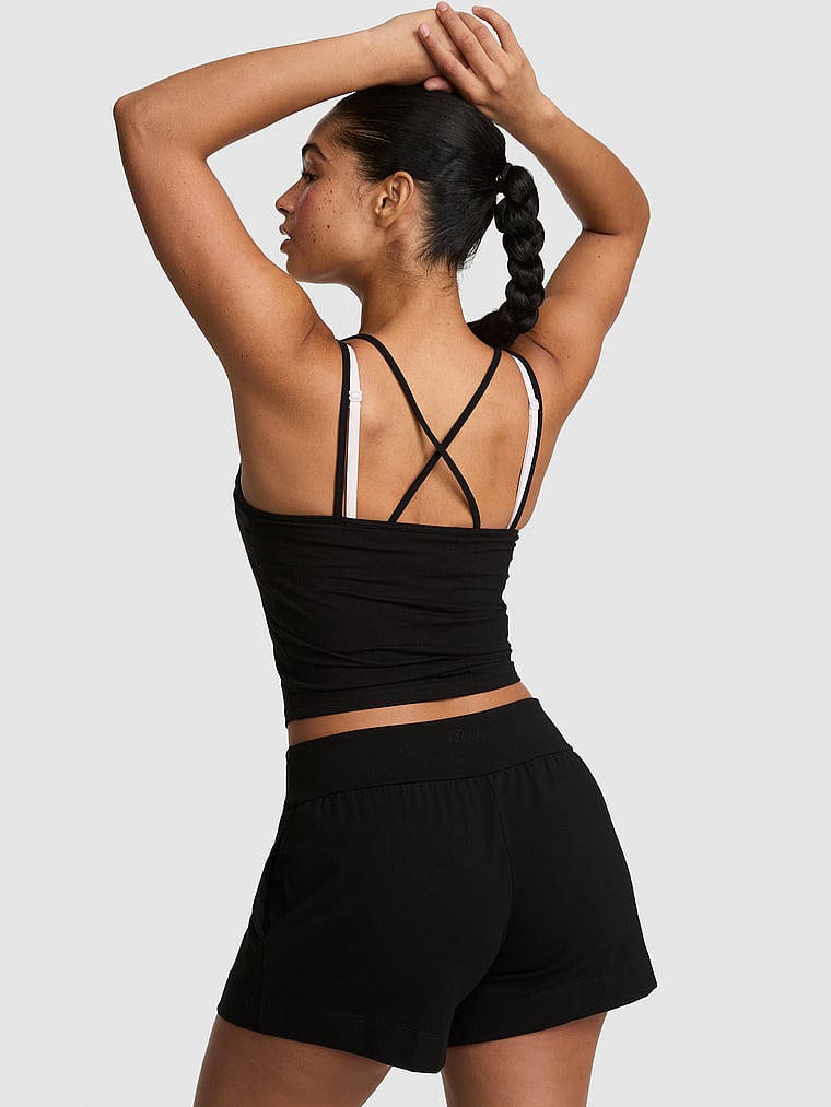 PINK All-Day Cotton™ Twist-Waist 4” Shorts, Pure Black, onModelBack, 2 of 3