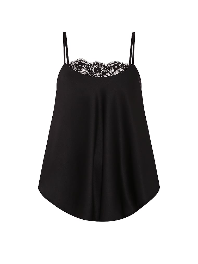 Victoria's Secret, Dream Angels Satin Lace-Trim Cami Top, Black, offModelFront, 4 of 4
