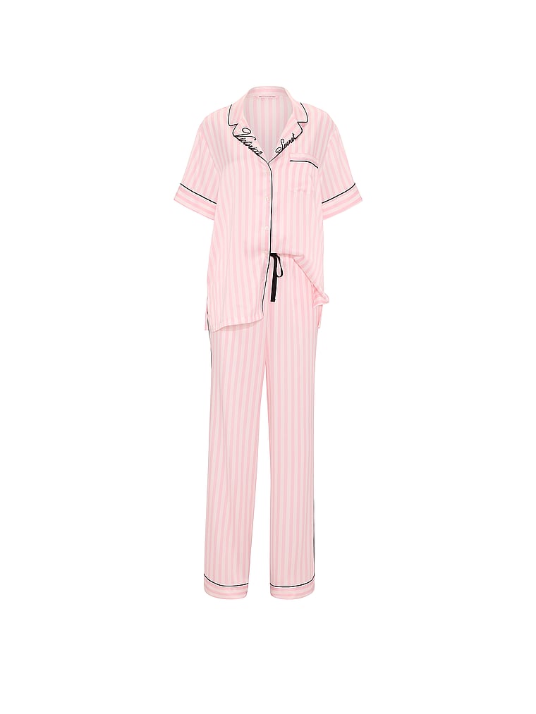 Victoria's Secret, Victoria's Secret Signature Satin Short-Sleeve Long Pajama Set, Iconic Pink Stripes, offModelFront, 3 of 3