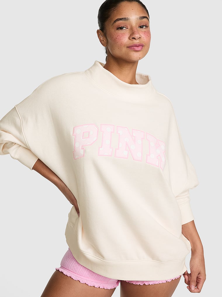 PINK Campus Fleece™ Oversized Mock-Neck Sweatshirt, Cozy White, onModelFront, 1 of 4