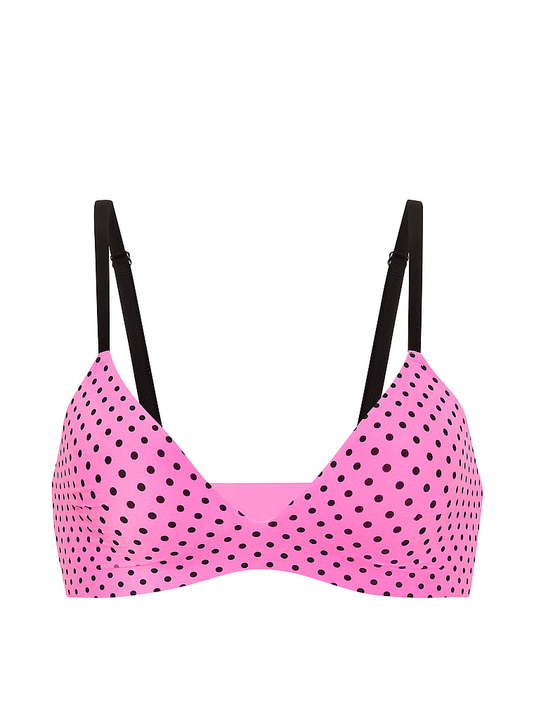 PINK Marshmallow Unlined Wireless Comfy Bralette, Sizzling Strawberry & Black Dot Print, offModelFront, 3 of 3