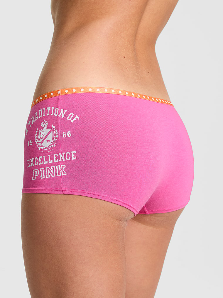 PINK Lacie Logo Boyshort Panty, Sizzling Strawberry with Univ. Tradition Graphic, onModelBack, 2 of 3