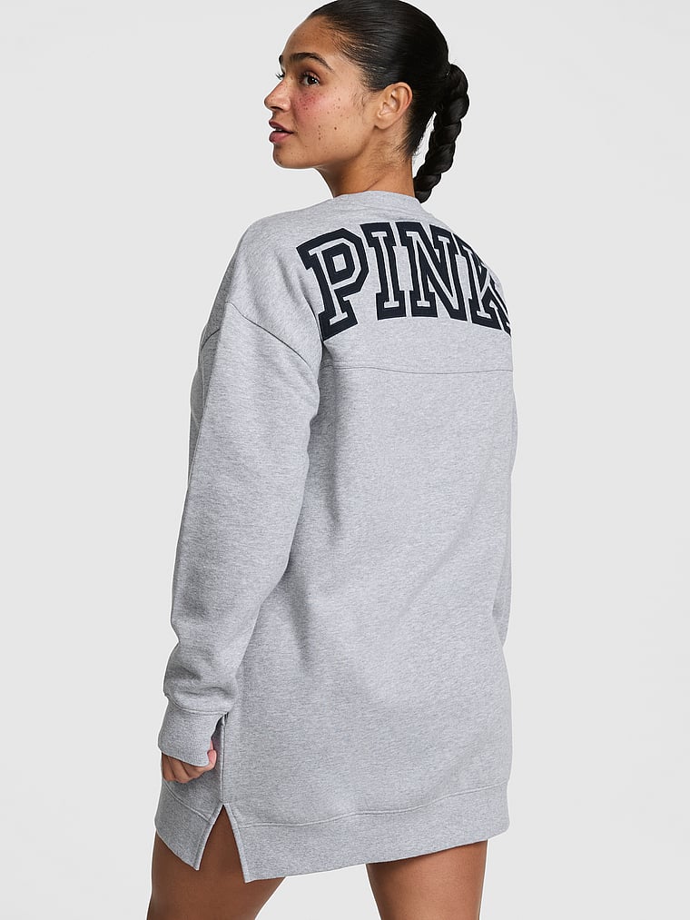PINK Campus Fleece™ Extra-Long Crew Sweatshirt, Heather Grey, onModelFront, 1 of 3