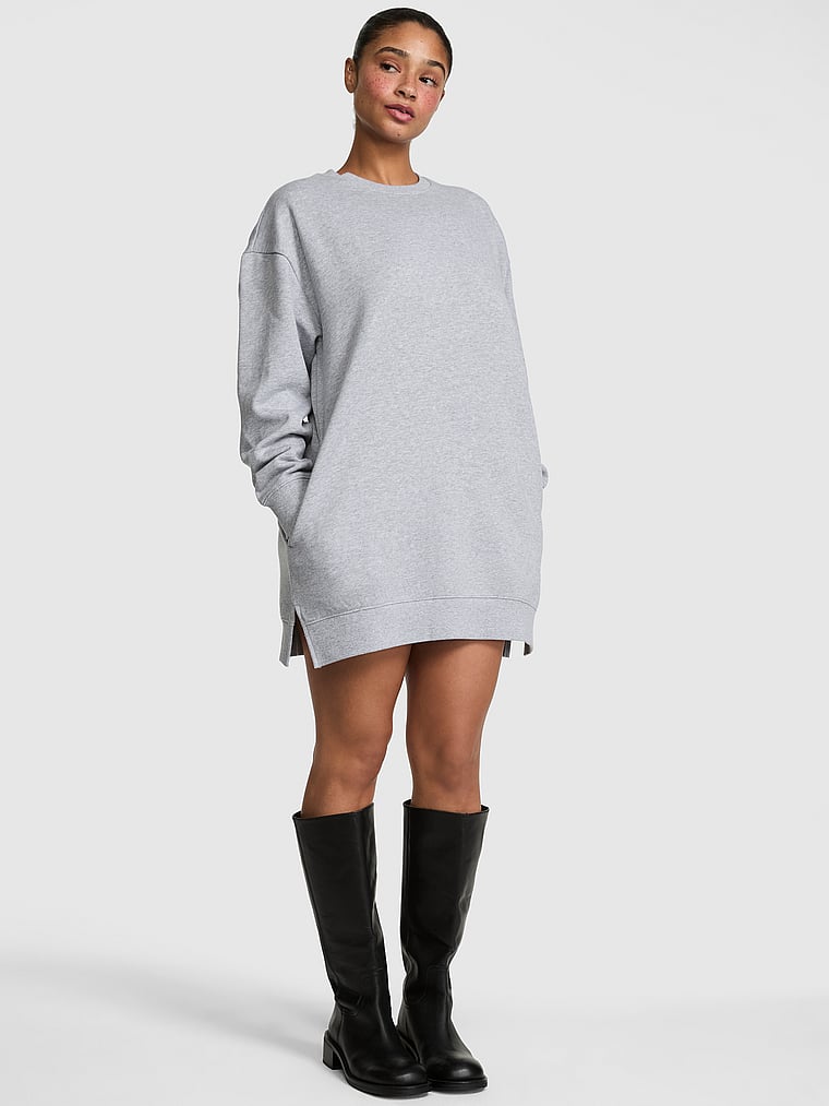 PINK Campus Fleece™ Extra-Long Crew Sweatshirt, Heather Grey, onModelBack, 2 of 3