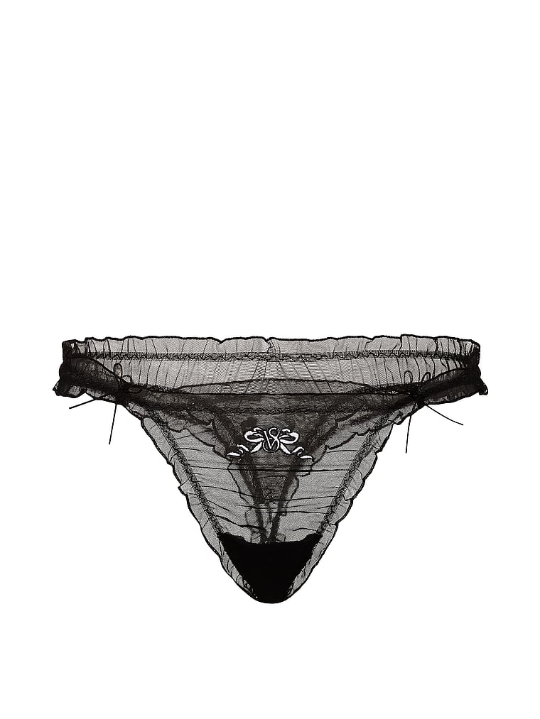 Victoria's Secret, Dream Angels Ruffled Mesh Bows Thong Panty, Black, offModelFront, 3 of 4