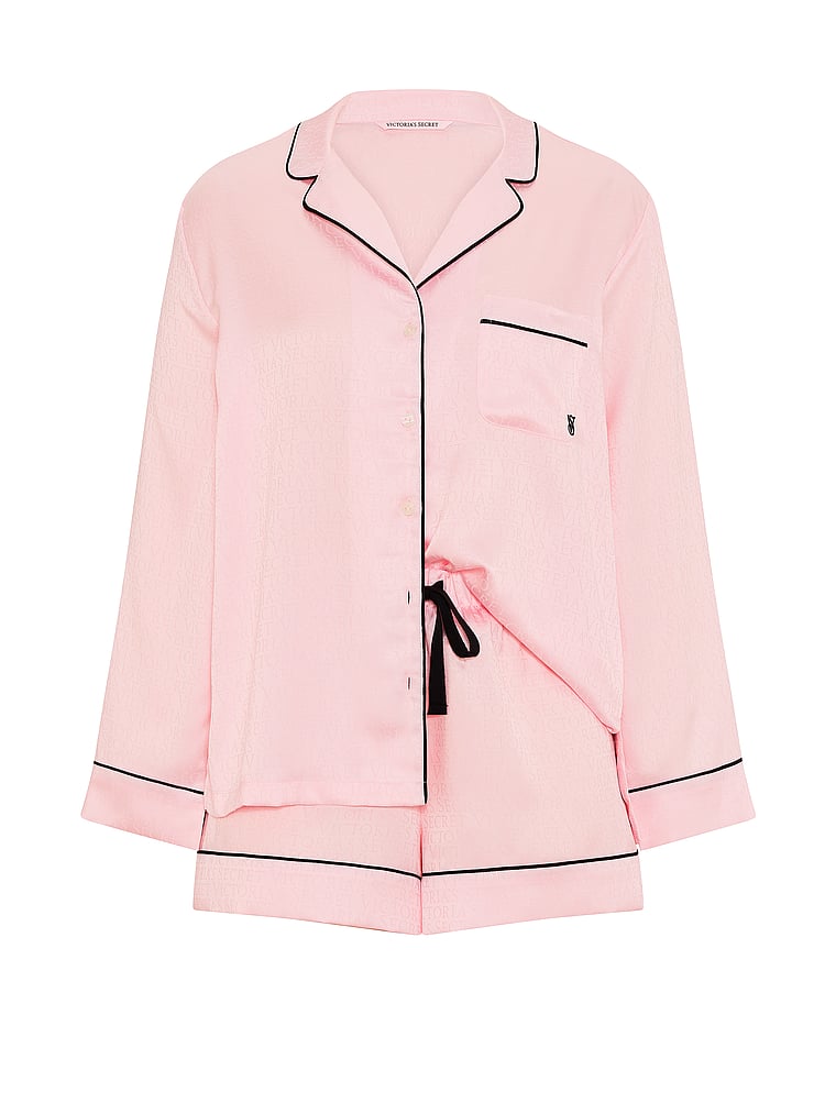 Victoria's Secret, Victoria's Secret Signature Satin Long-Sleeve Short Pajama Set, Angel Pink & Black, offModelFront, 3 of 3