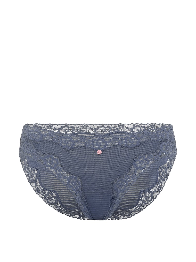 Victoria's Secret, Lace Trim Cotton Lace-Waist Bikini Panty, Bluestream, offModelFront, 3 of 3