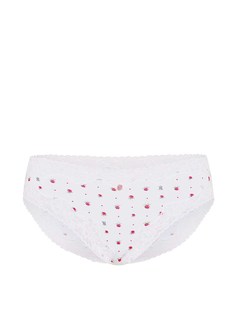 Victoria's Secret, Lace Trim Cotton Lace-Waist Bikini Panty, VS White Dot Floral, offModelFront, 3 of 3