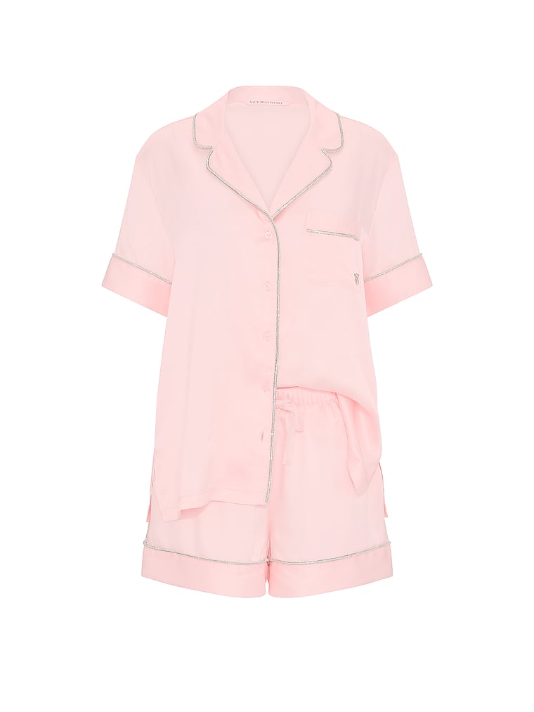 Victoria's Secret, Victoria's Secret Signature Satin Shine Short Pajama Set, Angel Pink, offModelFront, 4 of 5