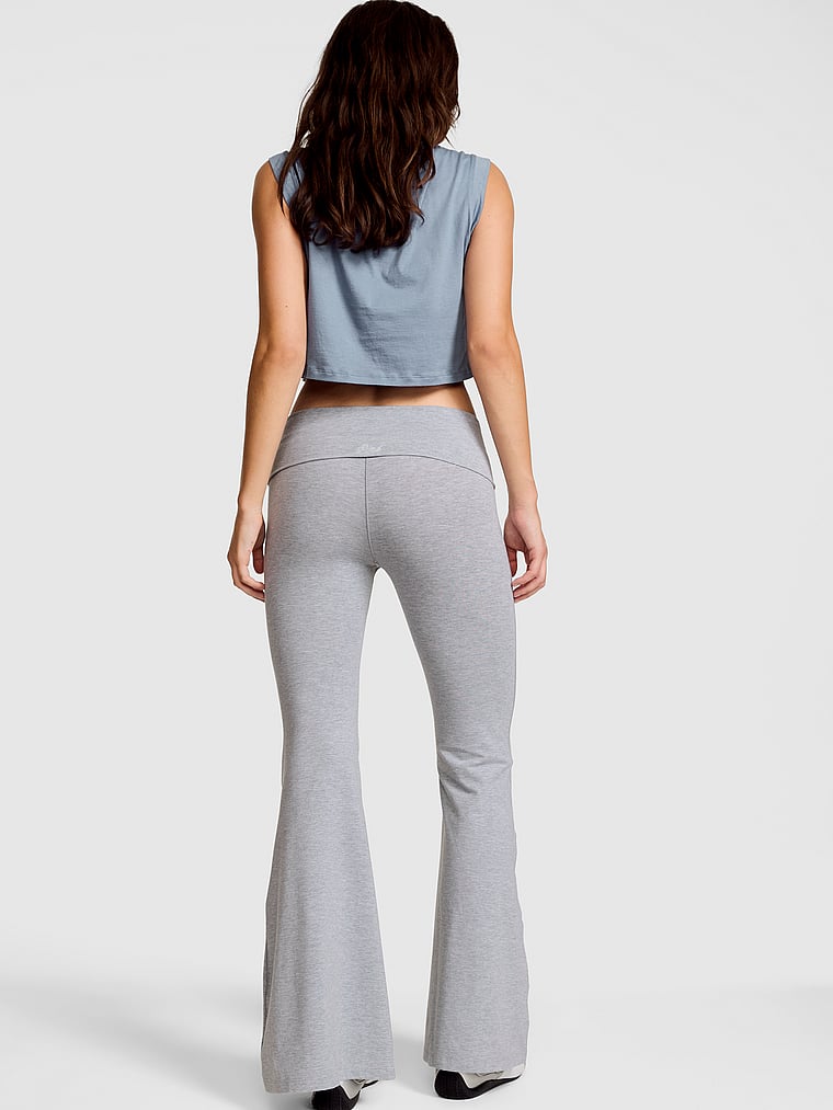 PINK Soft Modal Foldover Super Flare Leggings, Heather Grey, onModelBack, 2 of 4