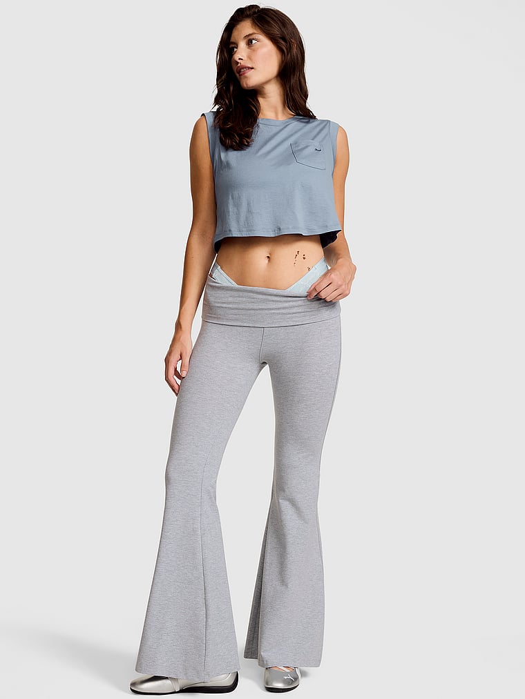 PINK Soft Modal Foldover Super Flare Leggings, Heather Grey, onModelFront, 1 of 4