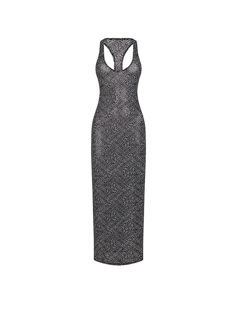 Victoria's Secret, Victoria's Secret Swim Beachwear Mesh Tank Maxi Dress, Black & White Newspaper, offModelFront, 4 of 4