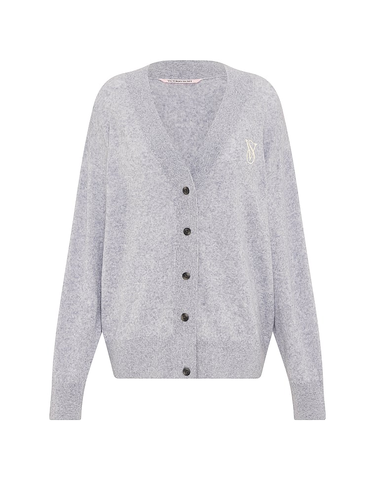 Victoria's Secret, Victoria's Secret Luxe Knit Cardigan Sweater, Medium Heather Grey, offModelFront, 3 of 3