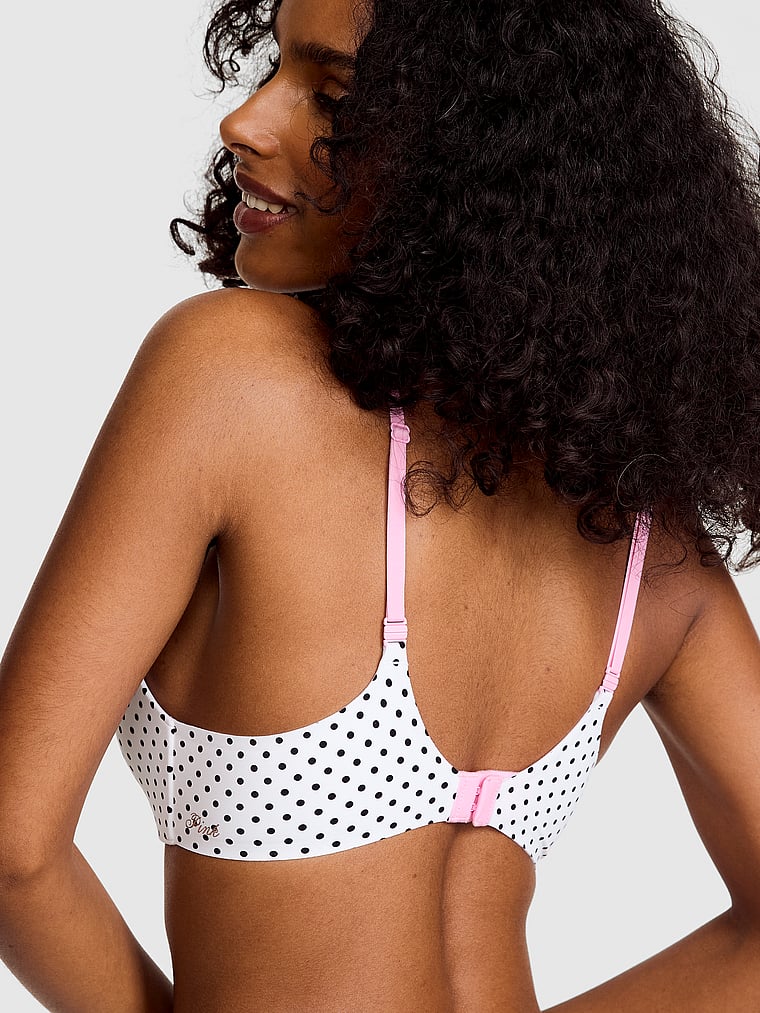PINK Marshmallow Push-Up Wireless Comfy Bra, White & Black Dot Print, onModelBack, 2 of 5