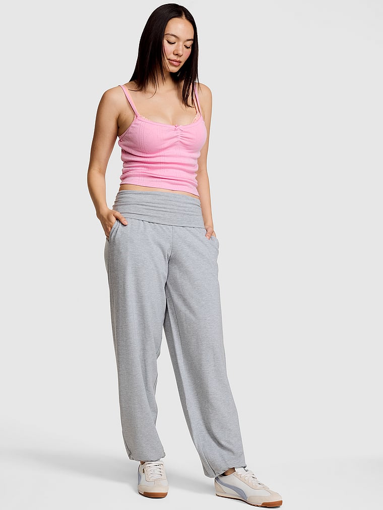 PINK All-Day Cotton™ Foldover Jogger Pants, Heather Grey, onModelFront, 1 of 3