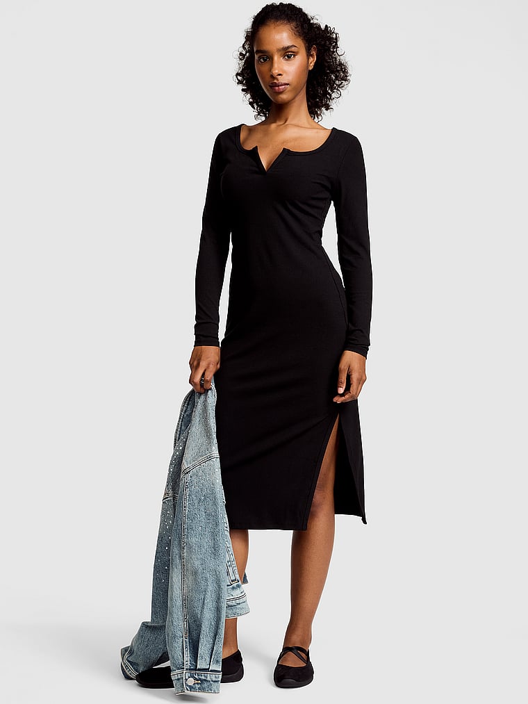 Buy All-Day Soft Rib Long-Sleeve Midi Dress, Red Lacquer - Order