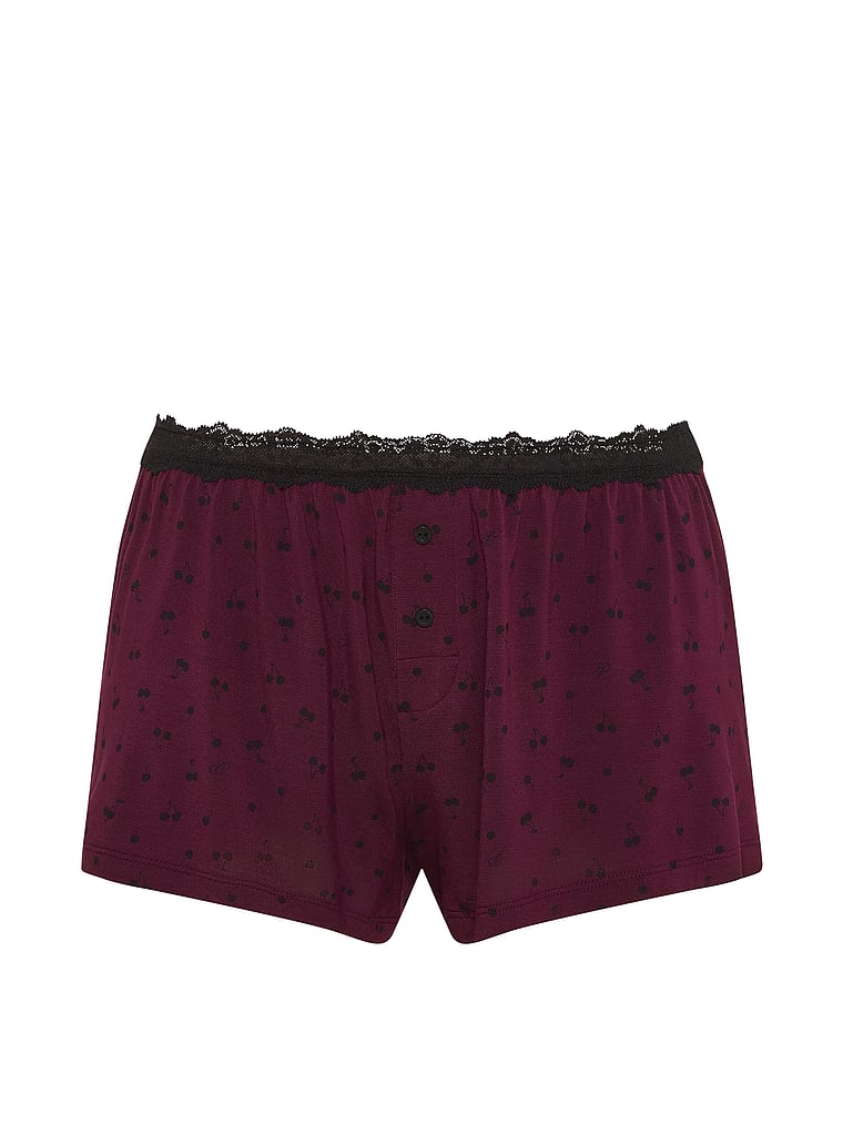 PINK 24/7 Lounge Modal Lace-Trim Micro Shorts, Wild Rose With Black Cherry Print, offModelFront, 3 of 4