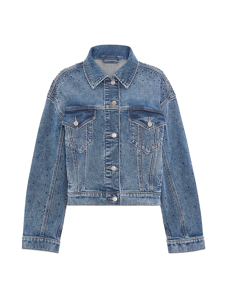 PINK Denim by PINK Boyfriend Trucker Jacket, Diamante Dark Wash, offModelFront, 3 of 4