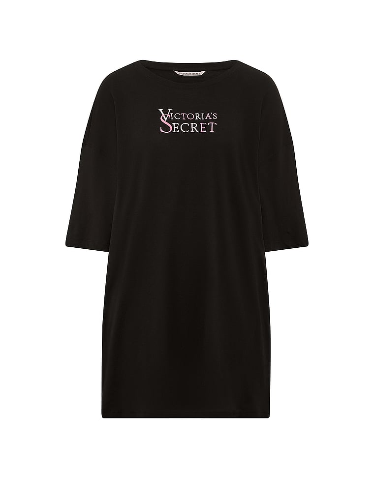 Victoria's Secret, Victoria's Secret 100% Cotton Oversized Sleep Tee, Black, offModelFront, 4 of 4