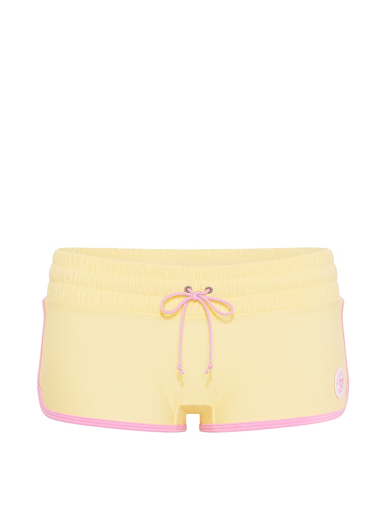 PINK Cotton Dorm Fleece Boyshort Panty, Buttery Yellow with PINK Graphic, offModelFront, 4 of 4