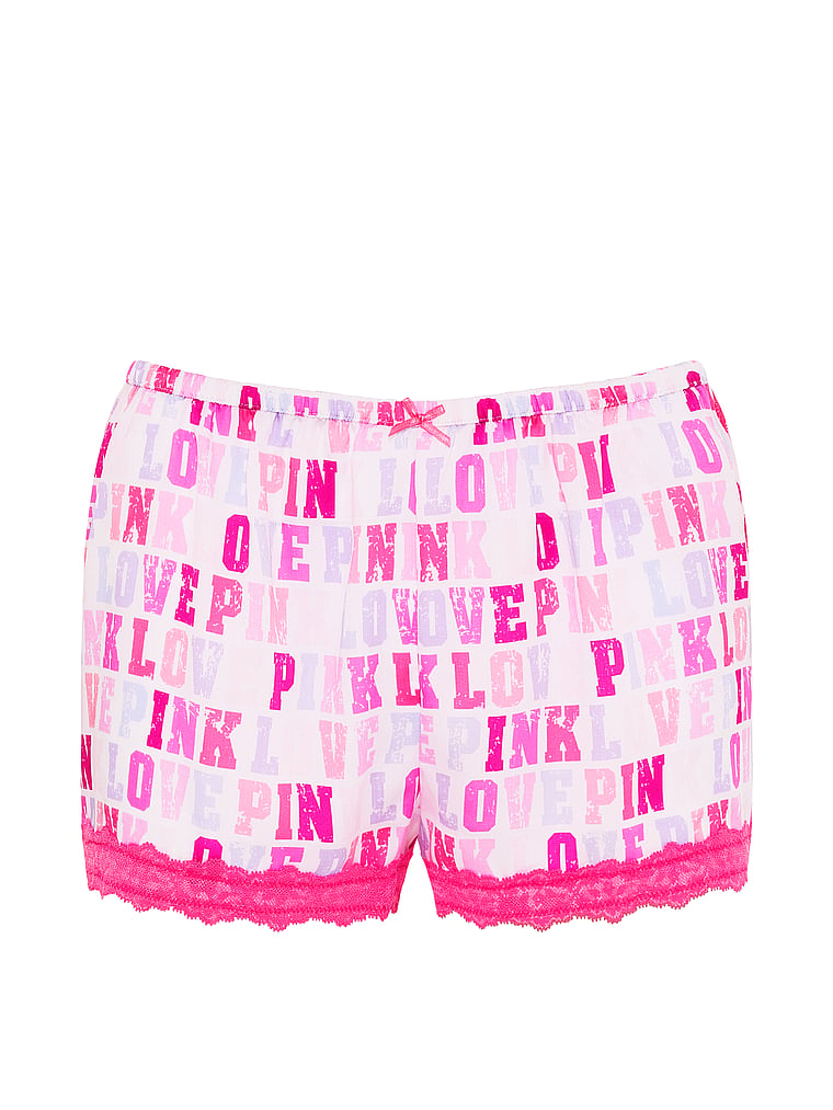 PINK Silky Sleep Boxy Pajama Shorts, White With "Love Pink" Print, offModelFront, 3 of 4