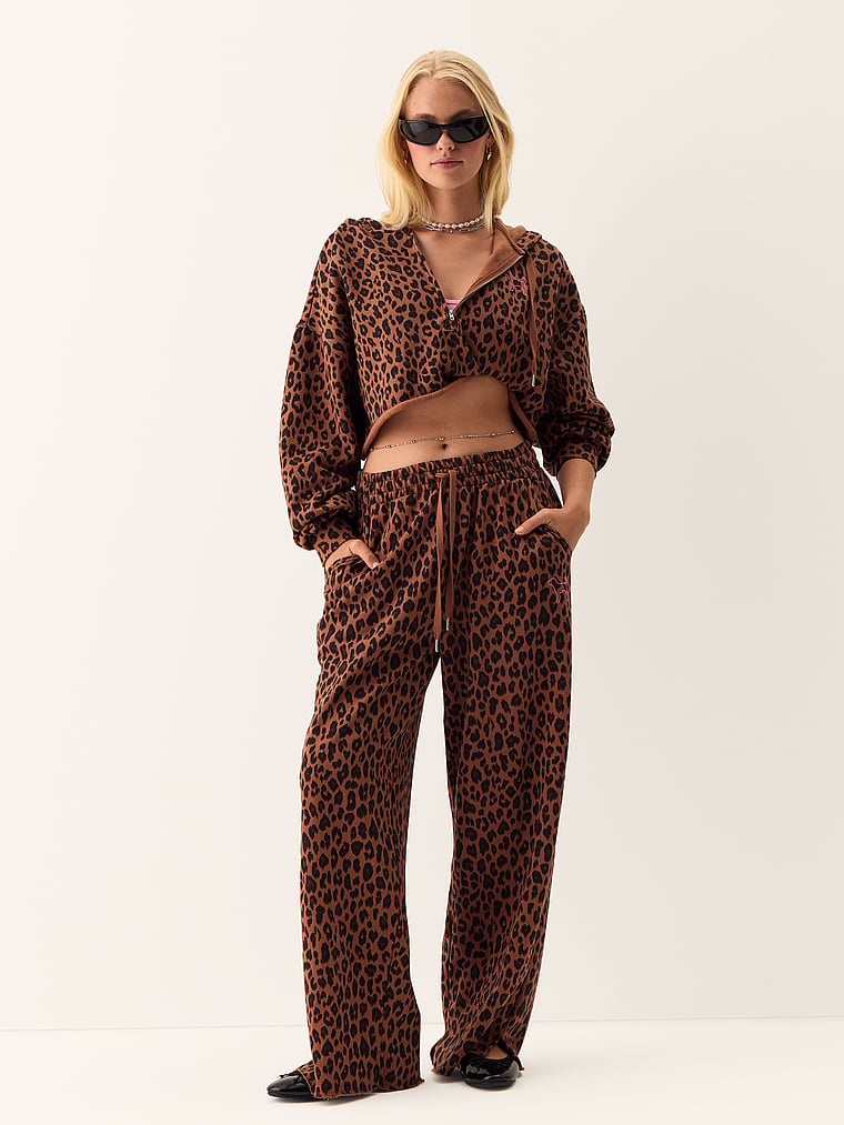 PINK Campus Fleece™ Wide-Leg Split-Hem Sweatpants, Leopard, onModelSide, 3 of 4